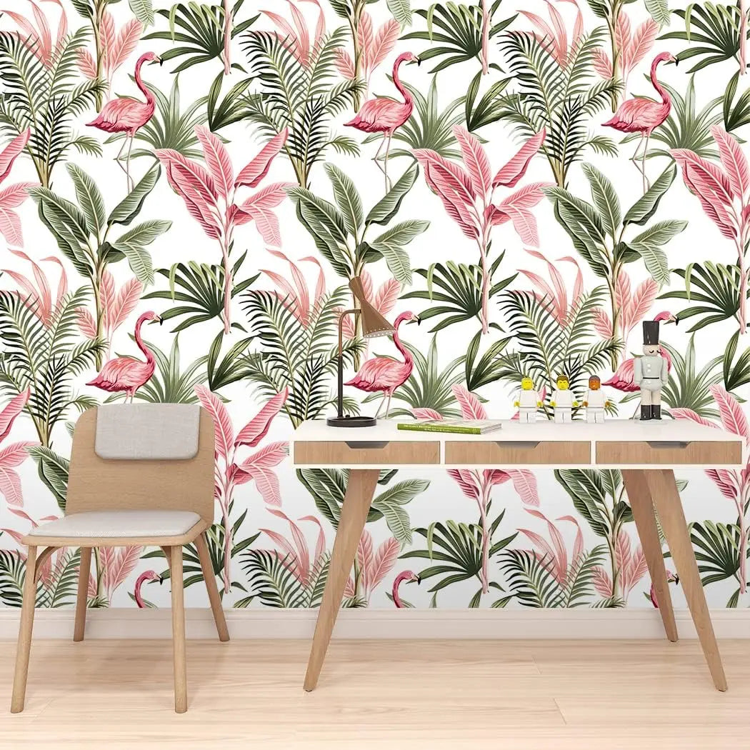 Watercolor Pink Flamingo Tropical Peel and Stick Wallpaper Removable Green Leaf Vinyl Self Adhesive Wallpaper for Wall Decor