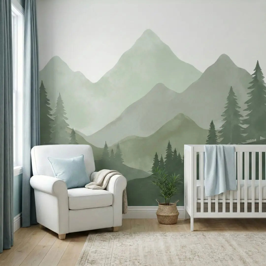 Modern Misty Green Mountain Forest Wall Mural Wallpaper Watercolor Woodland Landscape Wall Decor for Nursery Bedroom Living Room