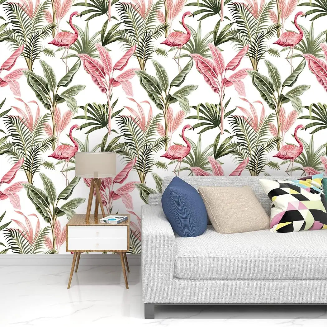 Watercolor Pink Flamingo Tropical Peel and Stick Wallpaper Removable Green Leaf Vinyl Self Adhesive Wallpaper for Wall Decor