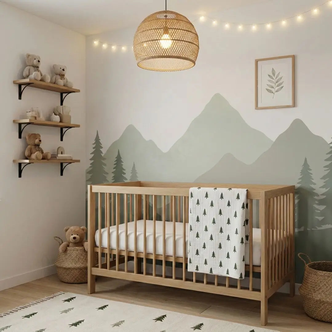 Modern Misty Green Mountain Forest Wall Mural Wallpaper Watercolor Woodland Landscape Wall Decor for Nursery Bedroom Living Room